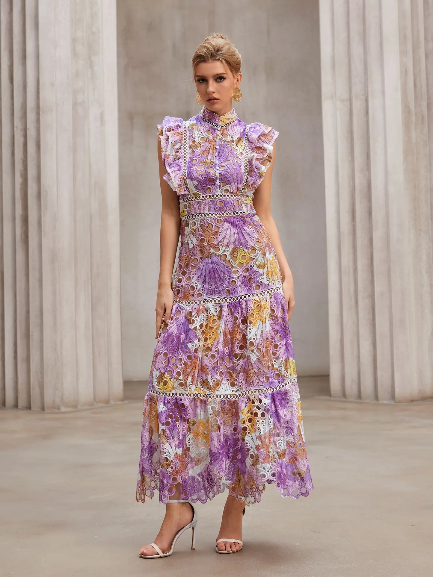 Sheer-Insert Embroidered Midi Dress