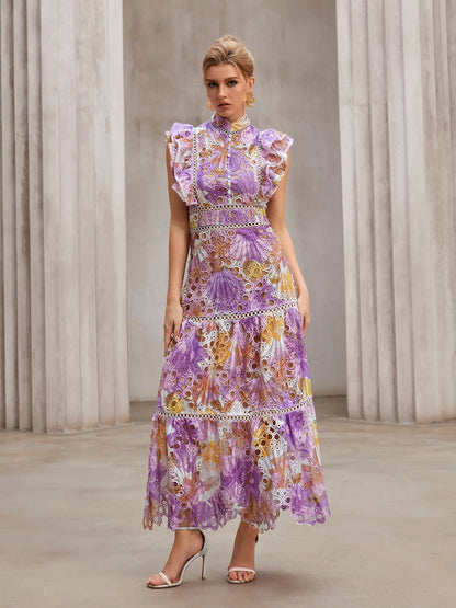 Sheer-Insert Embroidered Midi Dress