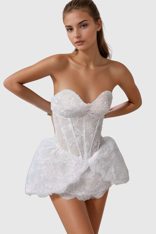 Sherida Strapless Corset Lace Mini Dress - White