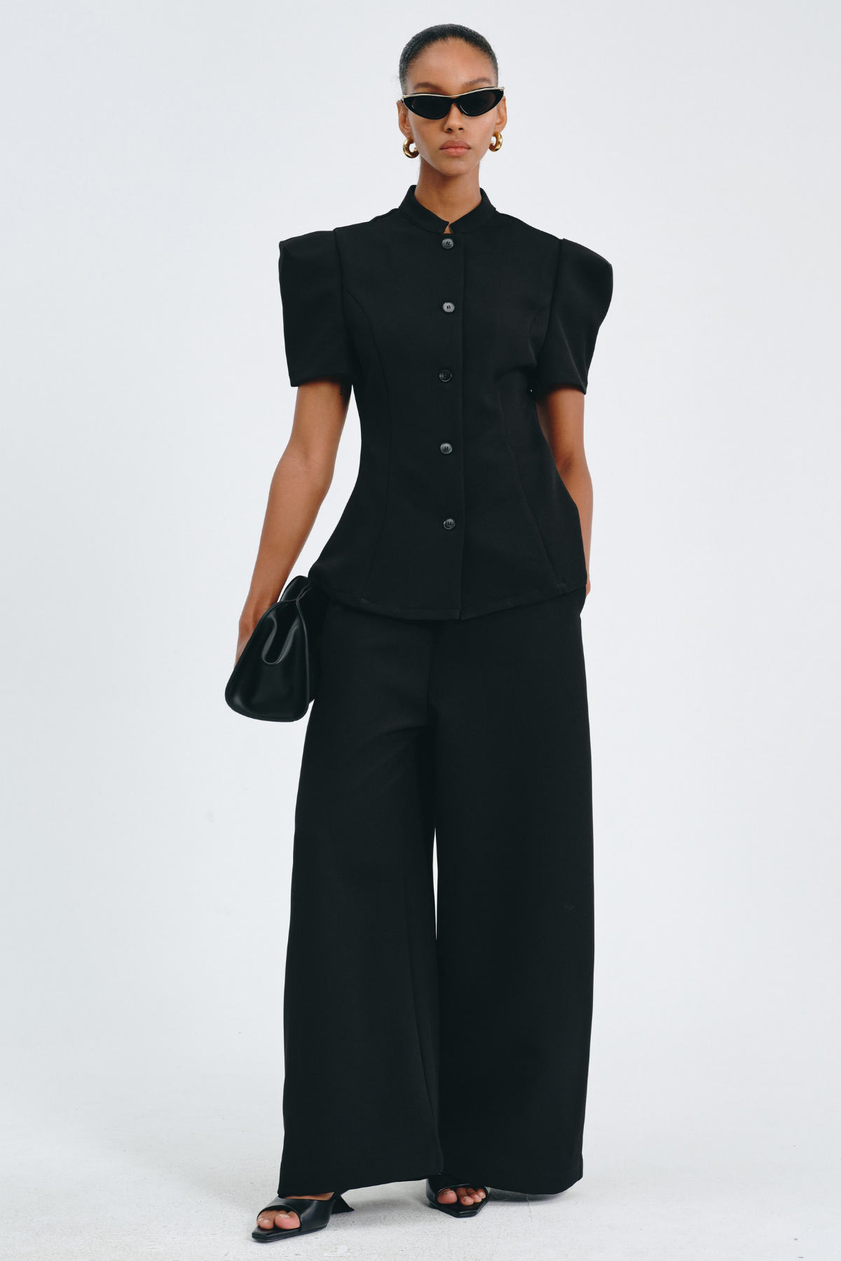Sherila Narrow Standing Collar Blouse & Trousers Set - Black