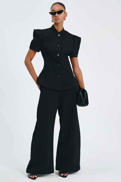 Sherila Narrow Standing Collar Blouse & Trousers Set - Black
