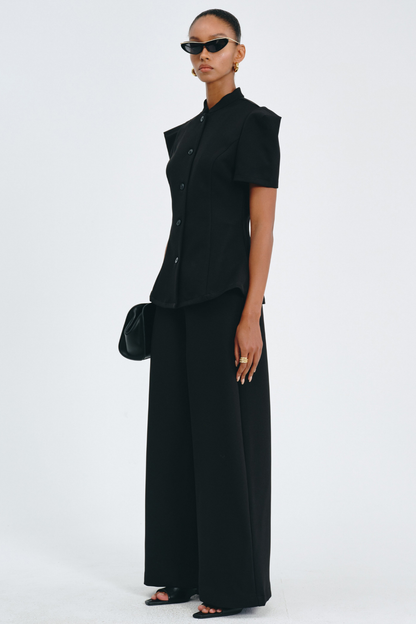 Sherila Narrow Standing Collar Blouse & Trousers Set - Black