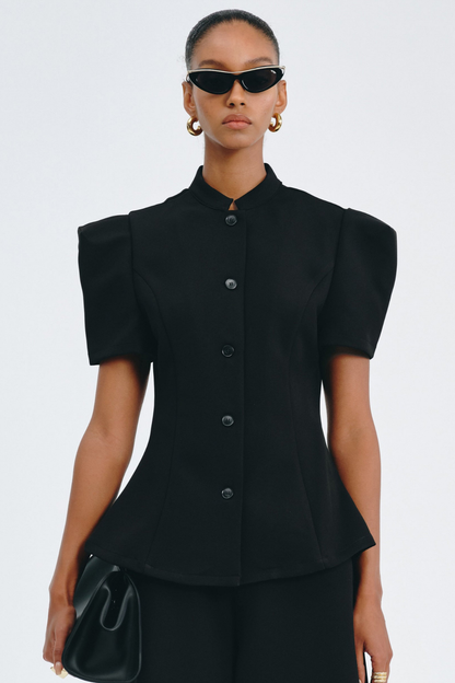 Sherila Narrow Standing Collar Blouse & Trousers Set - Black