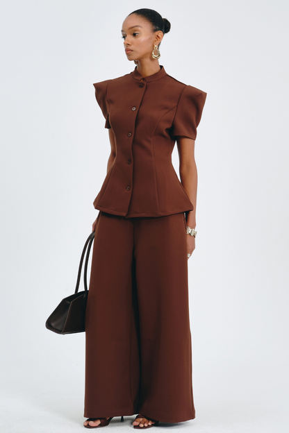 Sherila Narrow Standing Collar Blouse & Trousers Set - Brown