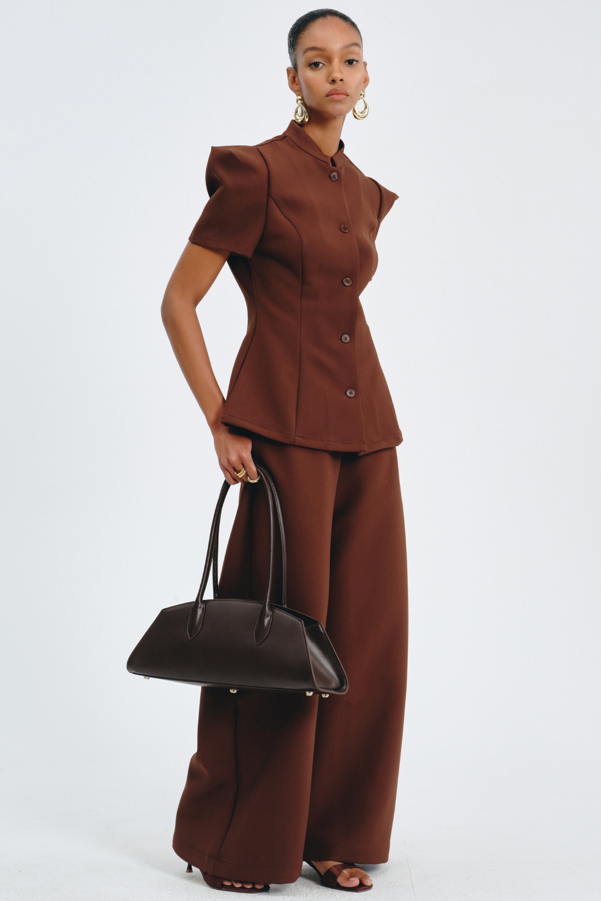 Sherila Narrow Standing Collar Blouse & Trousers Set - Brown