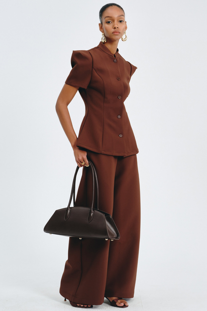 Sherila Narrow Standing Collar Blouse & Trousers Set - Brown