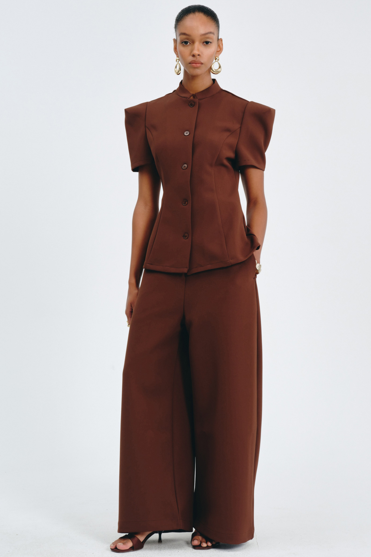 Sherila Narrow Standing Collar Blouse & Trousers Set - Brown