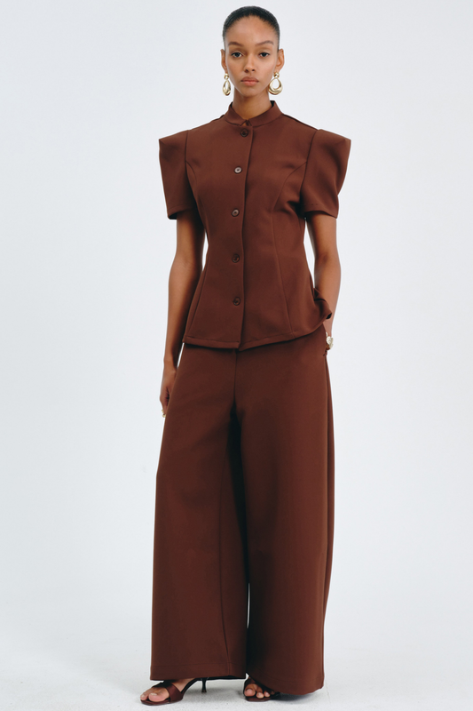 Sherila Narrow Standing Collar Blouse & Trousers Set - Brown