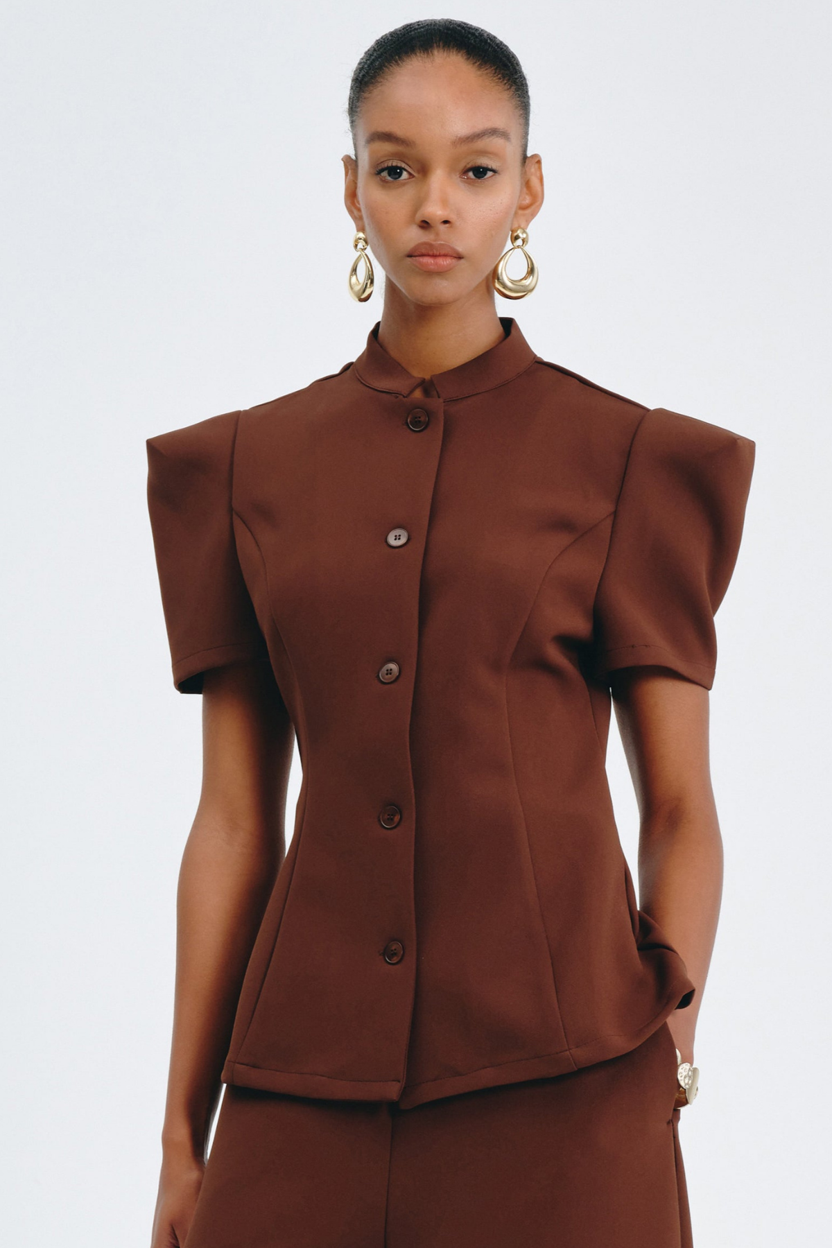 Sherila Narrow Standing Collar Blouse & Trousers Set - Brown
