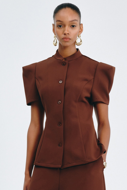 Sherila Narrow Standing Collar Blouse & Trousers Set - Brown