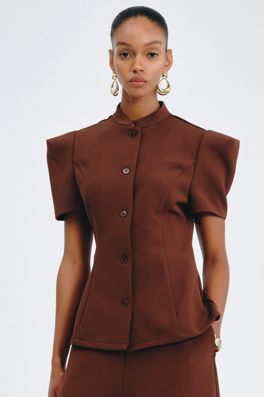 Sherila Narrow Standing Collar Blouse & Trousers Set - Brown