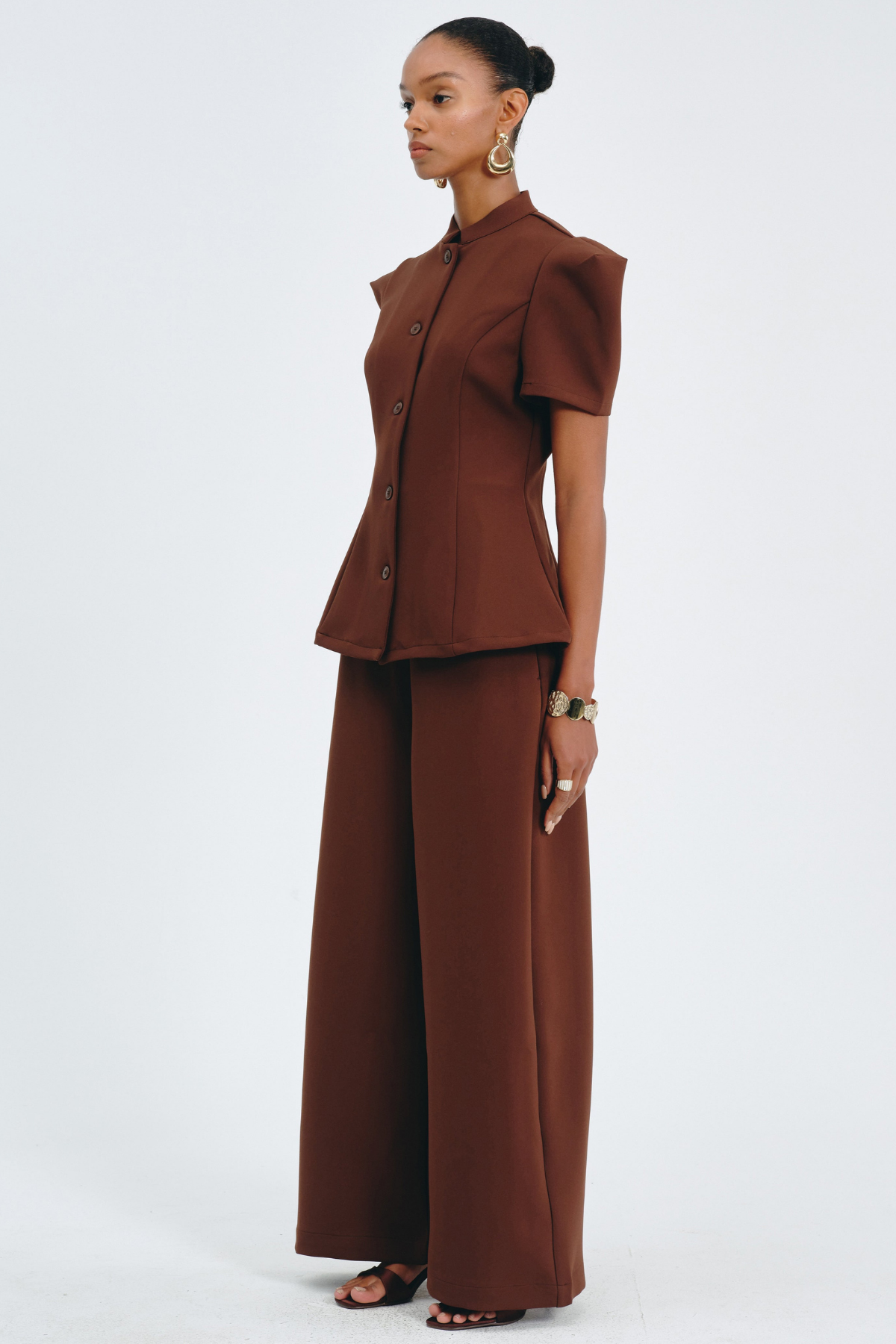Sherila Narrow Standing Collar Blouse & Trousers Set - Brown