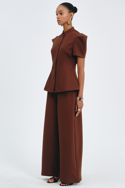 Sherila Narrow Standing Collar Blouse & Trousers Set - Brown