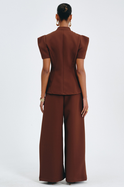 Sherila Narrow Standing Collar Blouse & Trousers Set - Brown