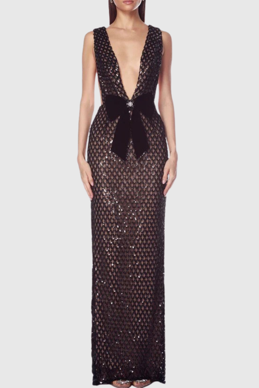 Shirina Bow Embellished Sequin Maxi Dress - Black