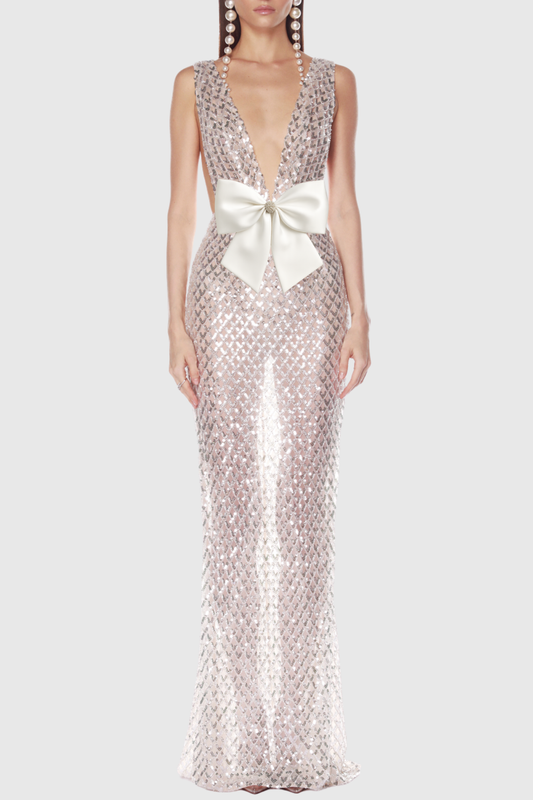 Shirina Bow Embellished Sequin Maxi Dress -Silver