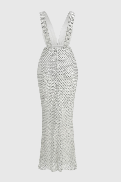 Shirina Bow Embellished Sequin Maxi Dress -Silver