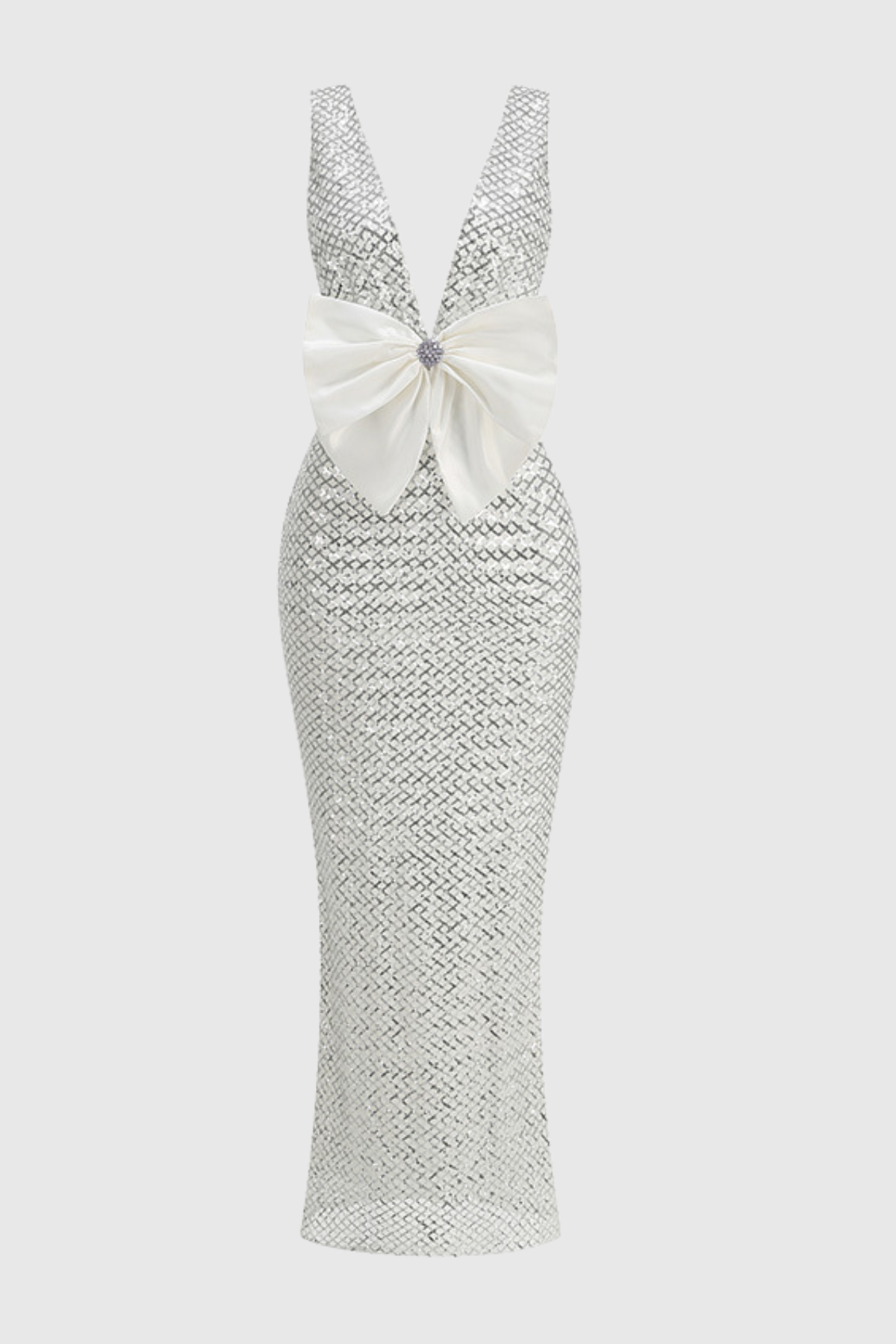 Shirina Bow Embellished Sequin Maxi Dress -Silver