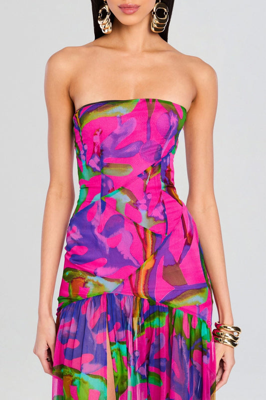Shmaka Floral Print Strapless Slit Maxi Dress - Purple