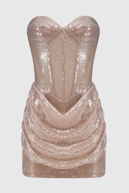 Siano Sequin Strapless Ruched Mini Dress - Nude