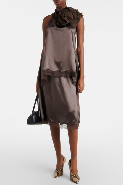 Silene Floral Lace-trim Satin Top - Brown