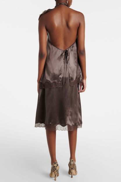 Silene Floral Lace-trim Satin Top - Brown