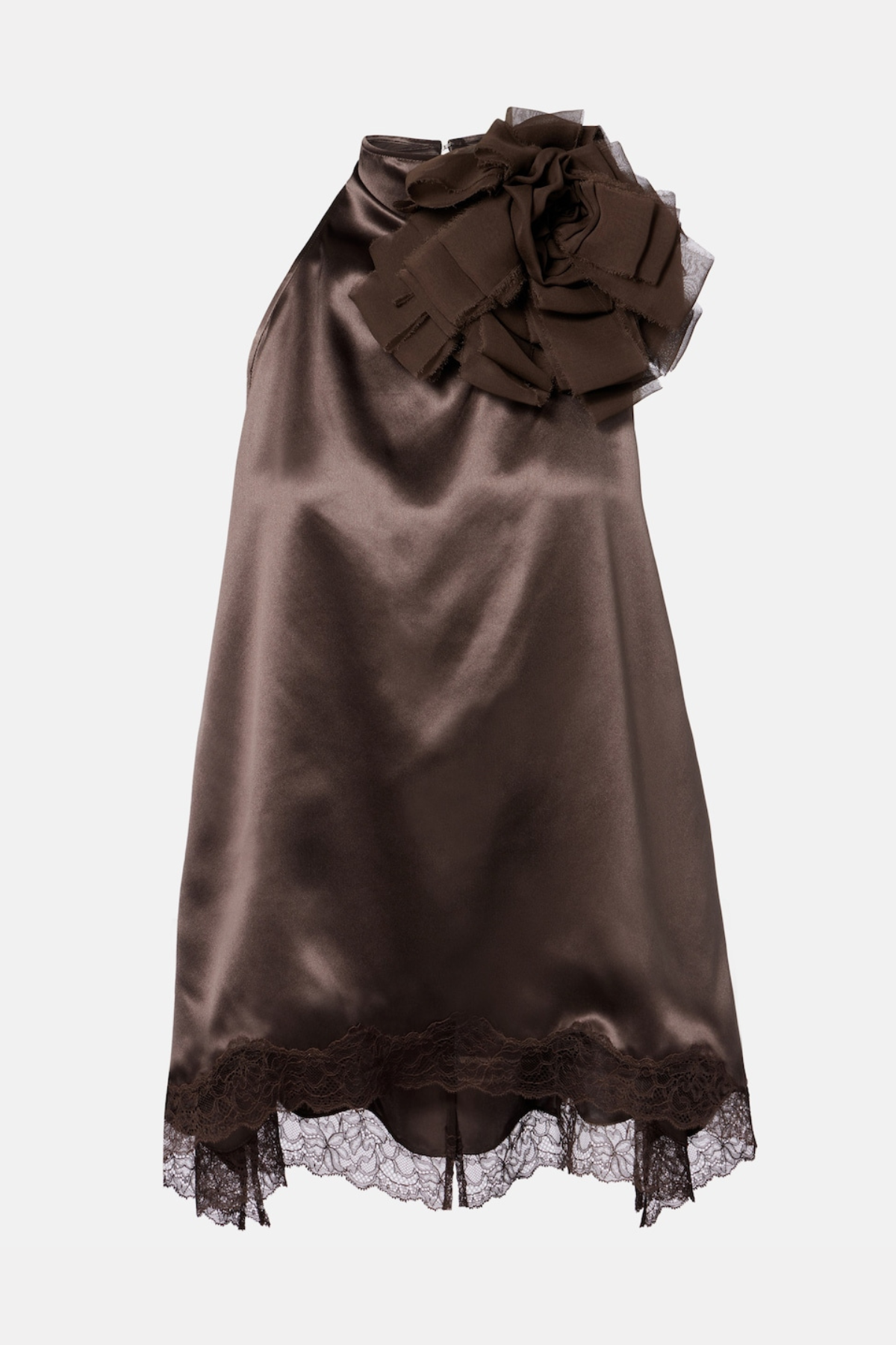 Silene Floral Lace-trim Satin Top - Brown