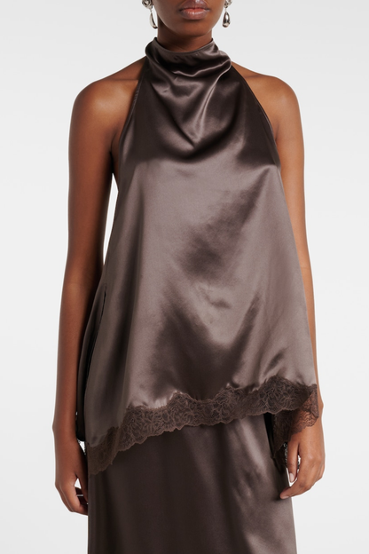 Silene Floral Lace-trim Satin Top - Brown