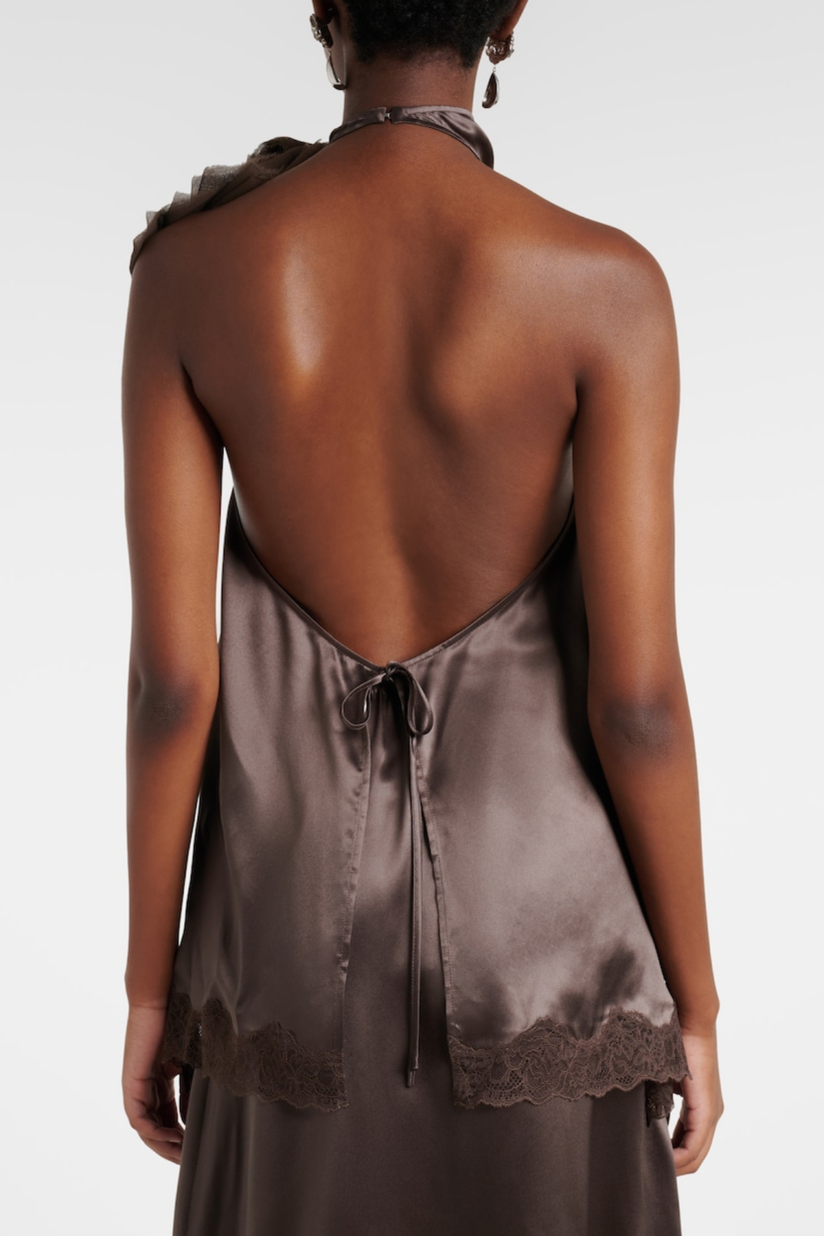 Silene Floral Lace-trim Satin Top - Brown