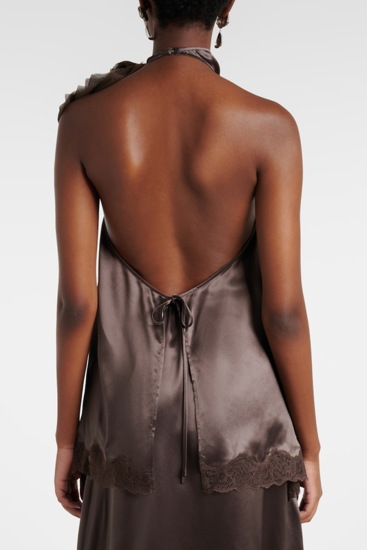 Silene Floral Lace-trim Satin Top - Brown