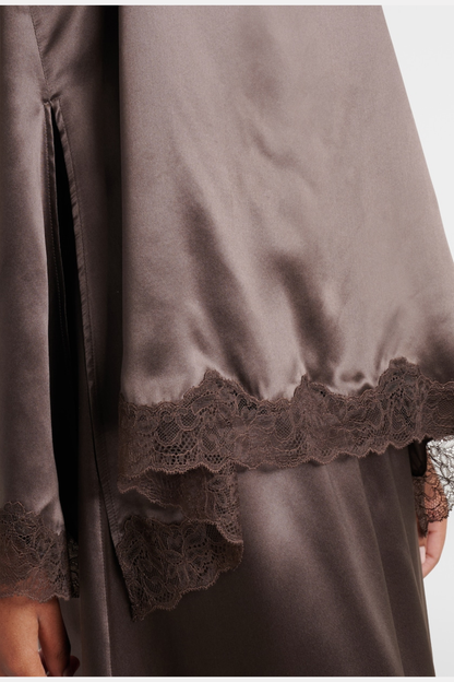 Silene Floral Lace-trim Satin Top - Brown