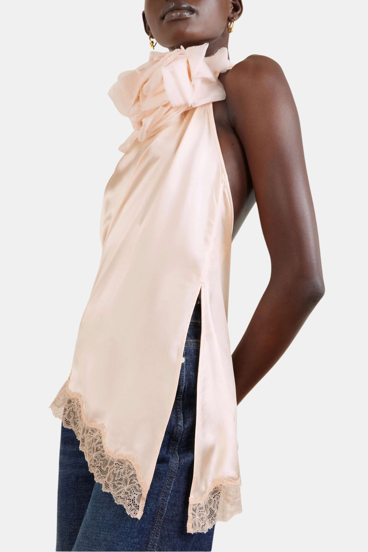 Silene Floral Lace-trim Satin Top - Pink