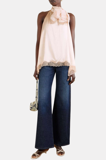 Silene Floral Lace-trim Satin Top - Pink