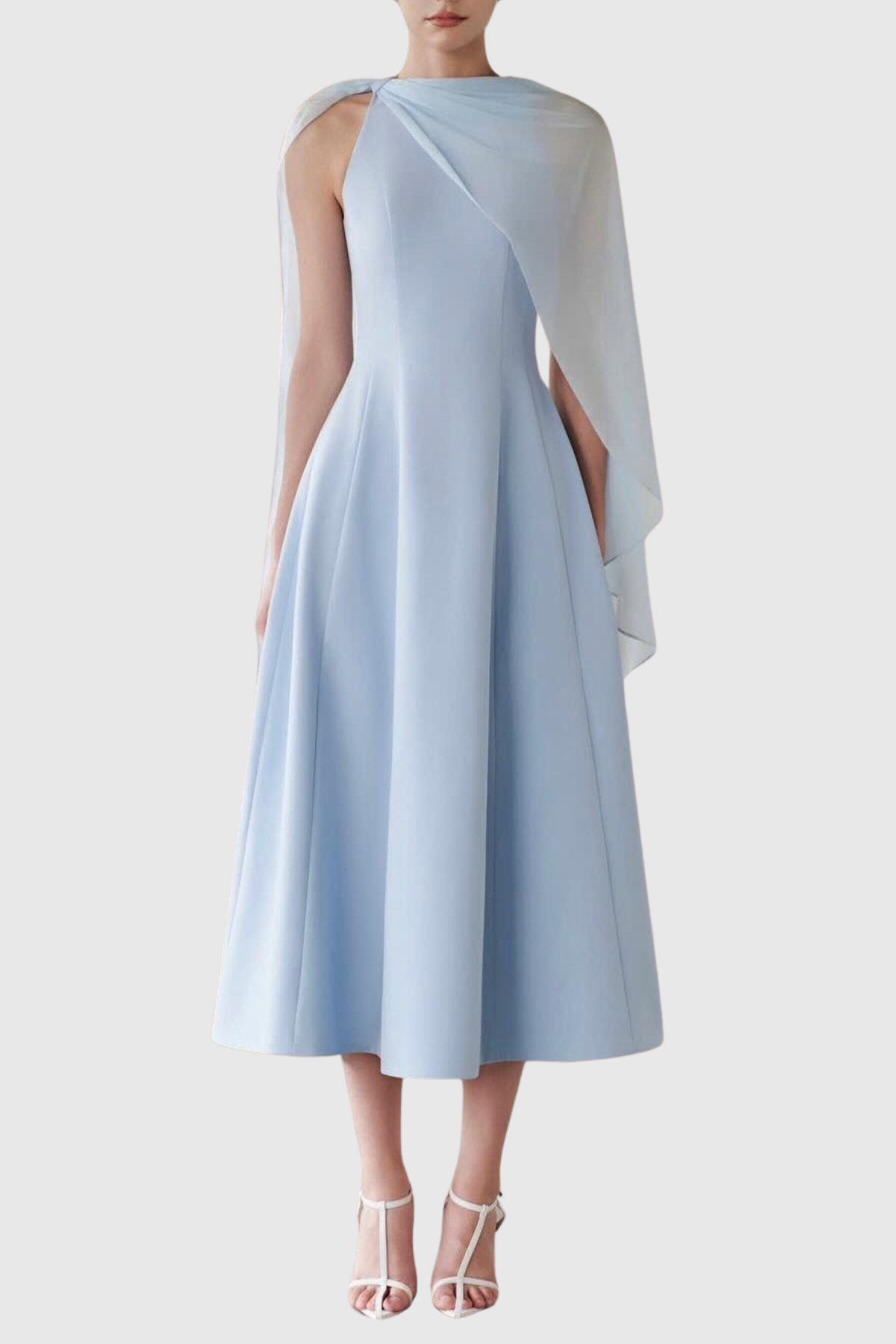 Sincere Asymmetric Mesh Cape Midi Dress