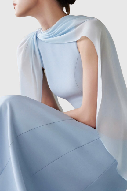 Sincere Asymmetric Mesh Cape Midi Dress