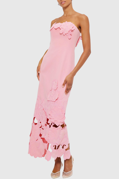 Sladia Floral Appliqué Strapless Midi Dress - Pink