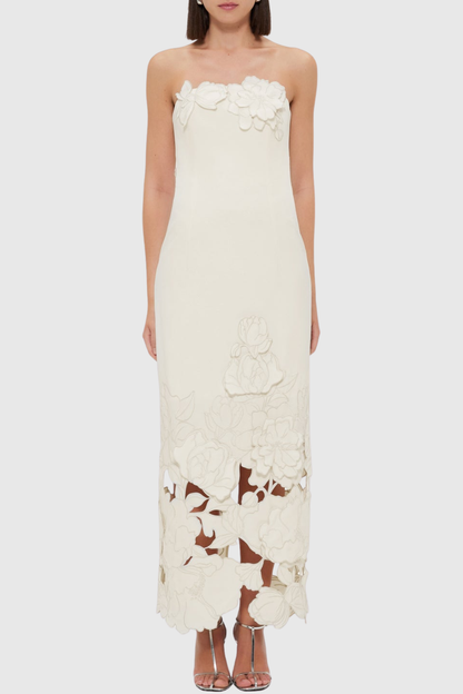 Sladia Floral Appliqué Strapless Midi Dress - White