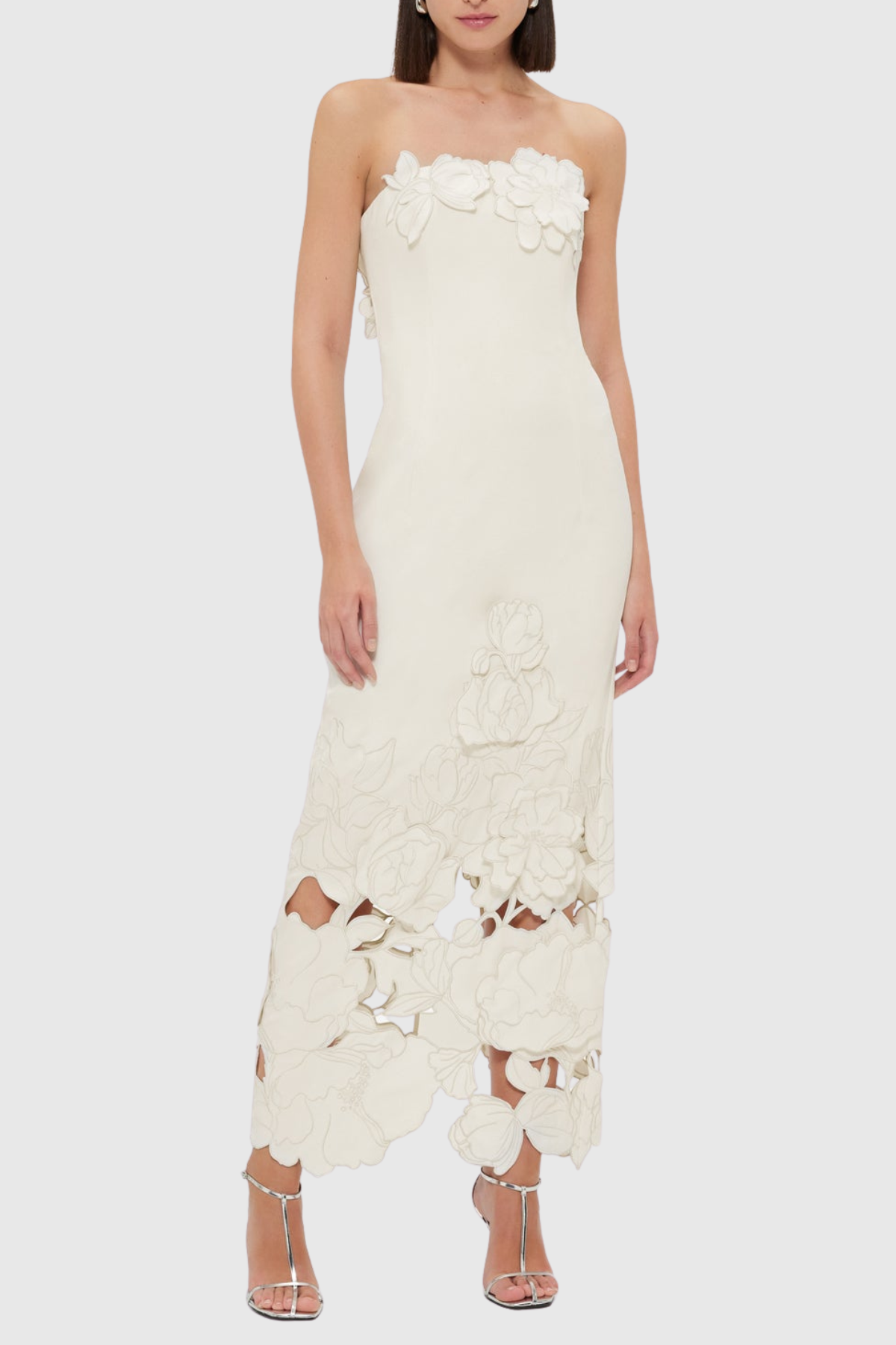 Sladia Floral Appliqué Strapless Midi Dress - White