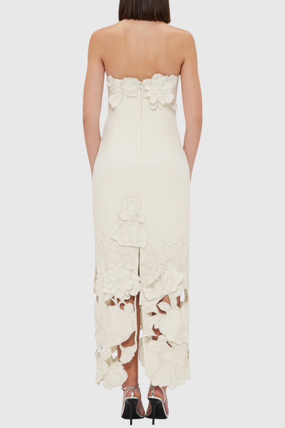 Sladia Floral Appliqué Strapless Midi Dress - White