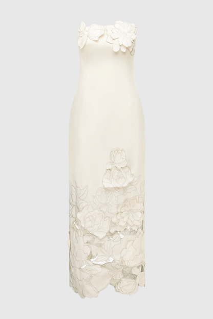 Sladia Floral Appliqué Strapless Midi Dress - White