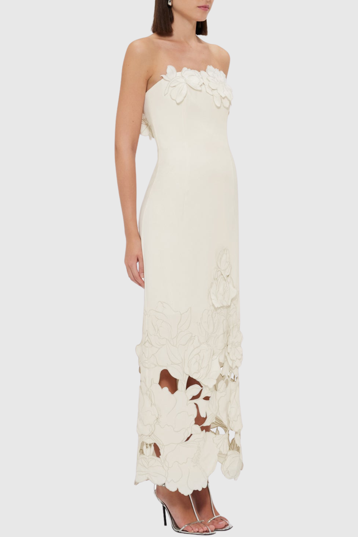 Sladia Floral Appliqué Strapless Midi Dress - White