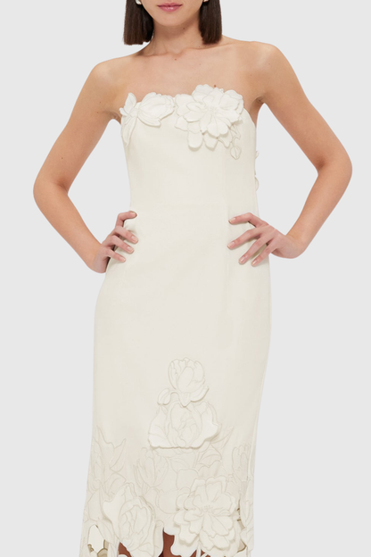 Sladia Floral Appliqué Strapless Midi Dress - White