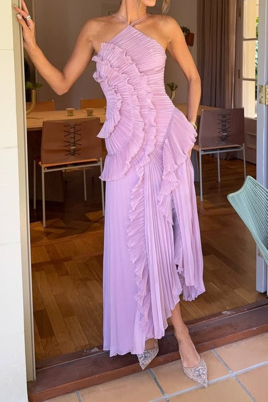 ruffle halter backless maxi dress in pale purple