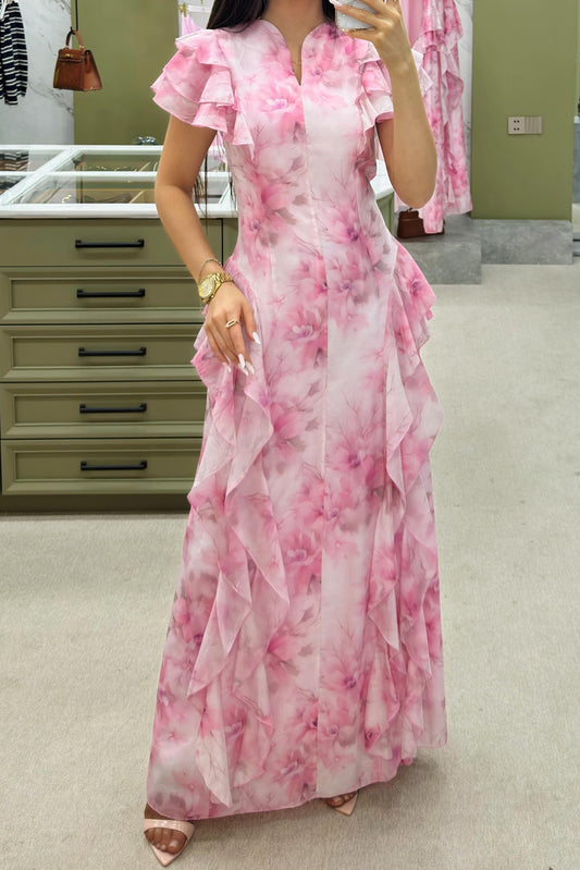 Floral print flutter sleeves fishtail maxi dress - Pink / Blue / Yellow