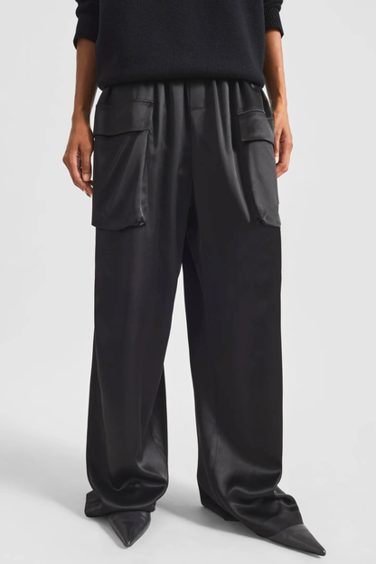 Solange Satin Cargo Pants - Black