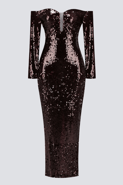 Solvay Sequin Off Shoulder Maxi Dress