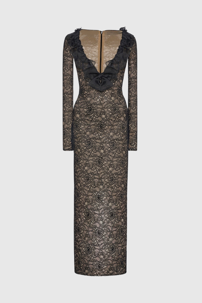 Sophronia Ruffle Lace Midi Dress - Black
