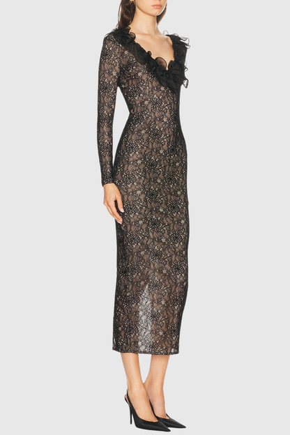 Sophronia Ruffle Lace Midi Dress - Black
