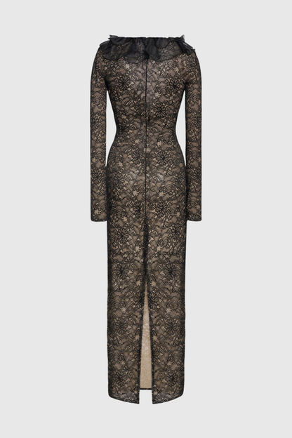 Sophronia Ruffle Lace Midi Dress - Black