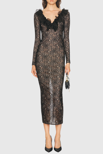 Sophronia Ruffle Lace Midi Dress - Black